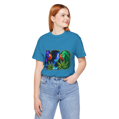 420 Cosmic Connection Premium Cannabis Culture T-Shirt - Bold Typography With Celestial Profiles And Luminous Cannabis Leaf Design