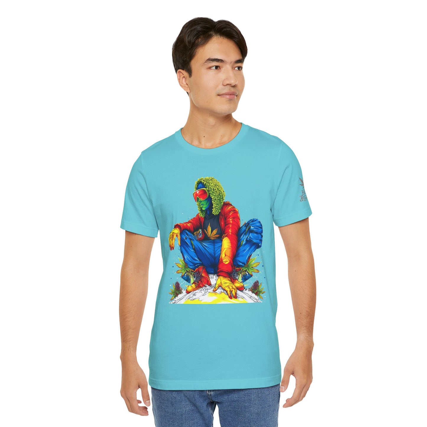 Psychedelic Chill Premium Cannabis Culture T-Shirt - Vibrant Street Art With Rainbow Color Explosion And Meditative Pose