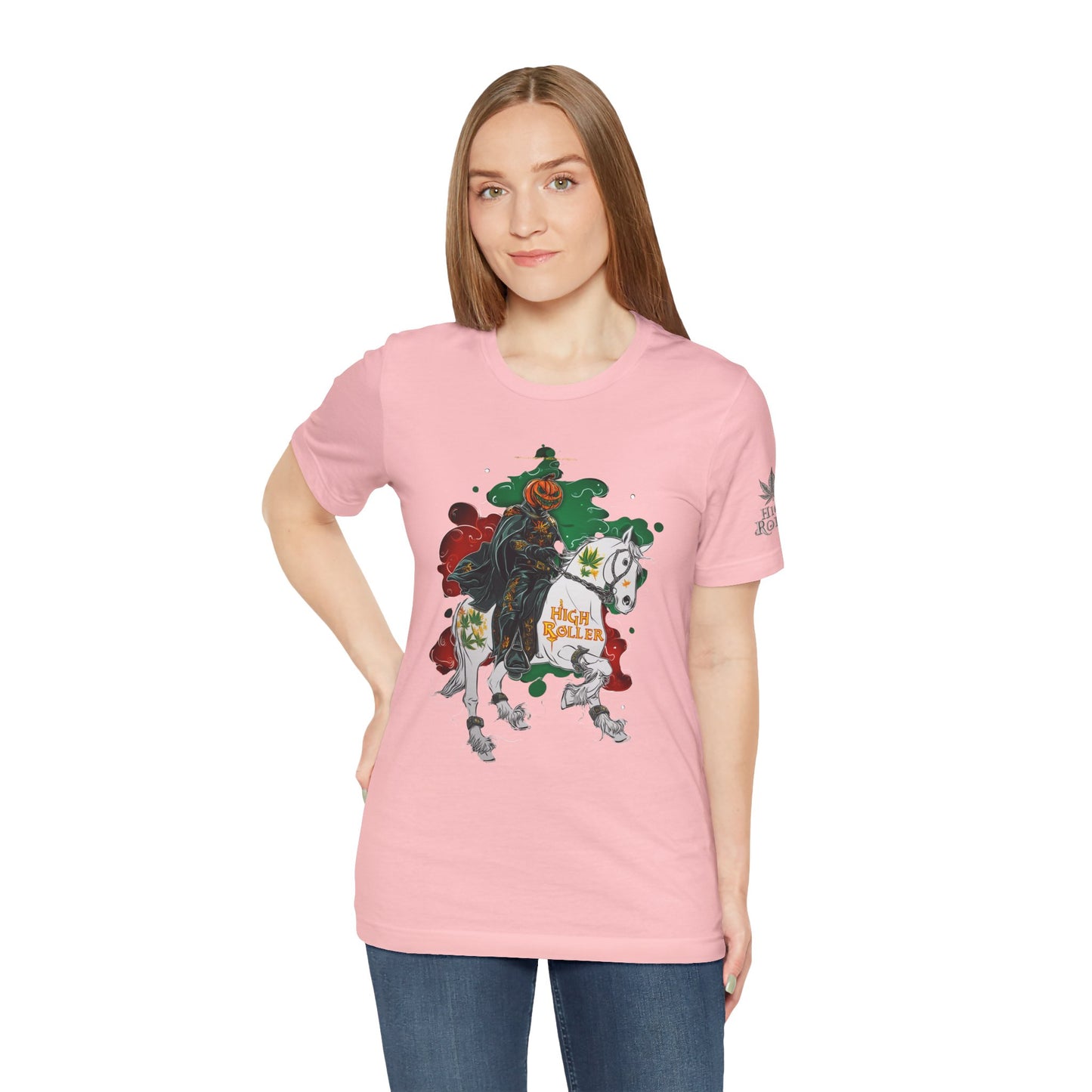 Headless Horseman HIGH ROLLER Halloween Cannabis T-Shirt - Premium Pumpkin Rider Skeletal Steed 420 Apparel