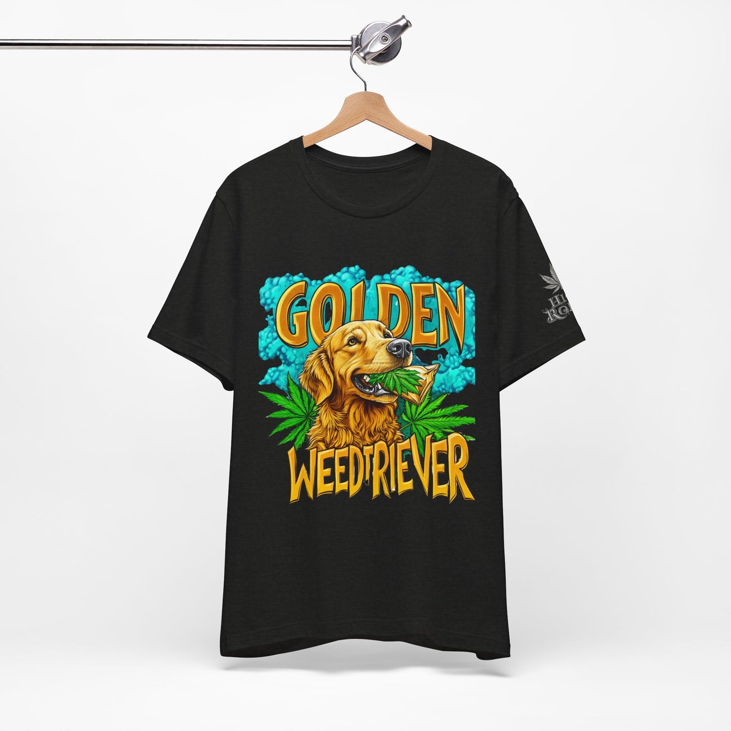 High Roller Golden Weedtriever Cannabis T-Shirt - Premium 420 Dog Lover Humor Golden Retriever Pun Comedy Pet Culture Apparel