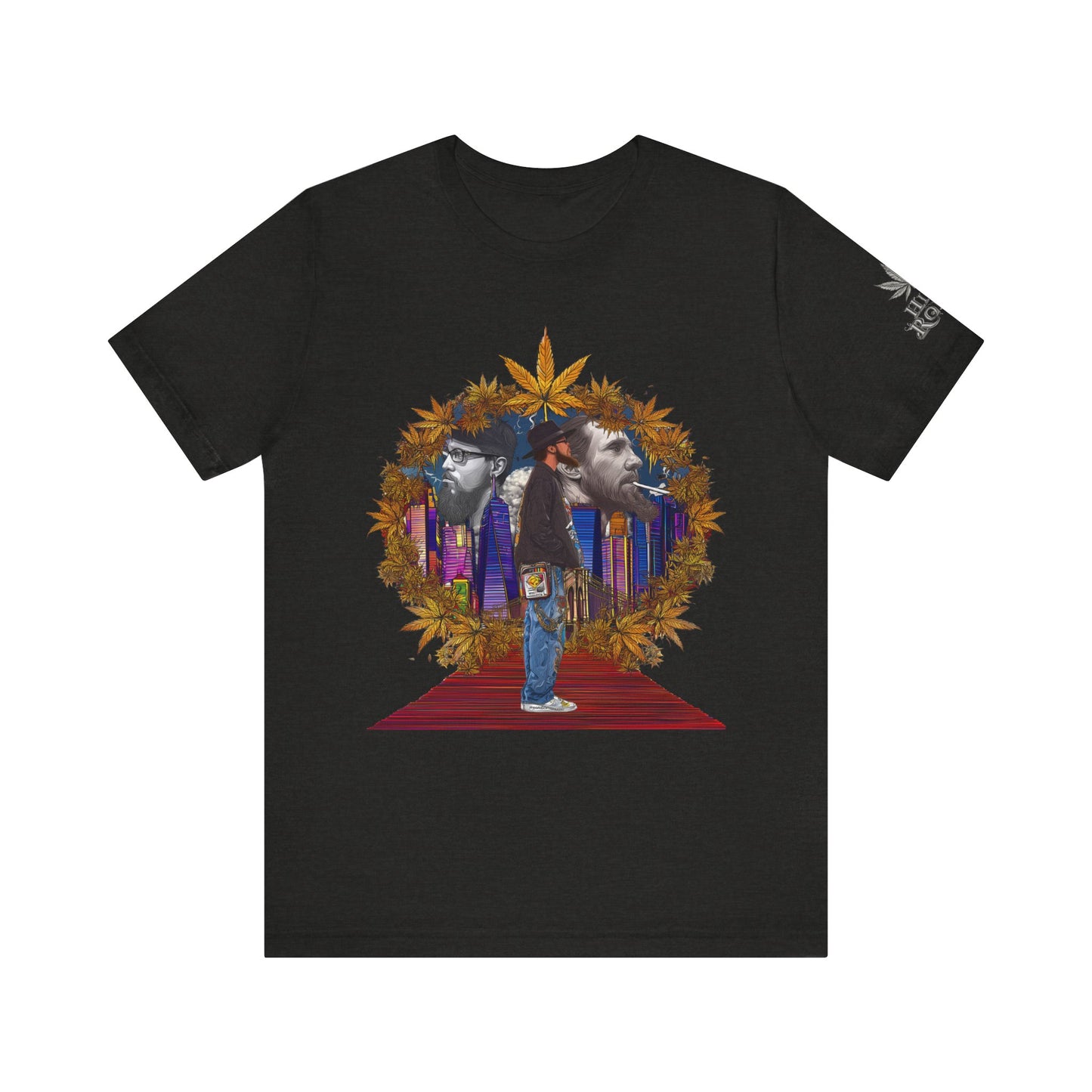 Red Carpet Royalty Premium Cannabis Culture T-Shirt - Hip-Hop Legends Tribute With Golden Cannabis Wreath And City Skyline