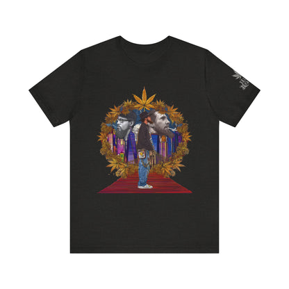 Red Carpet Royalty Premium Cannabis Culture T-Shirt - Hip-Hop Legends Tribute With Golden Cannabis Wreath And City Skyline