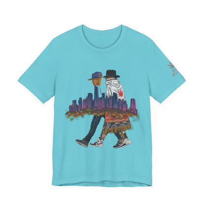 High Roller Urban Legends Cannabis T-Shirt - Premium 420 City Skyline Street Culture Double Exposure Apparel