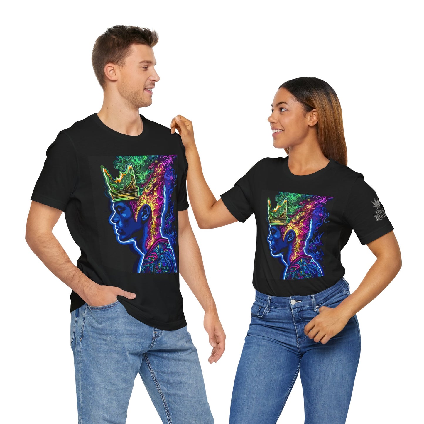 Crown Of Consciousness Premium Cannabis Culture Black T-Shirt - Neon Psychedelic Queen With Rainbow Smoke Crown And Urban Fashion Elements