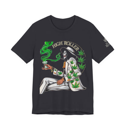 Skeletal HIGH ROLLER Halloween Cannabis Lounge T-Shirt - Premium Death's Day Off Botanical Relaxation 420 Apparel